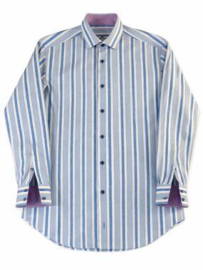 Bertigo Blue White Stripe Shirt Large Contrast Cuff Button Front Cotton